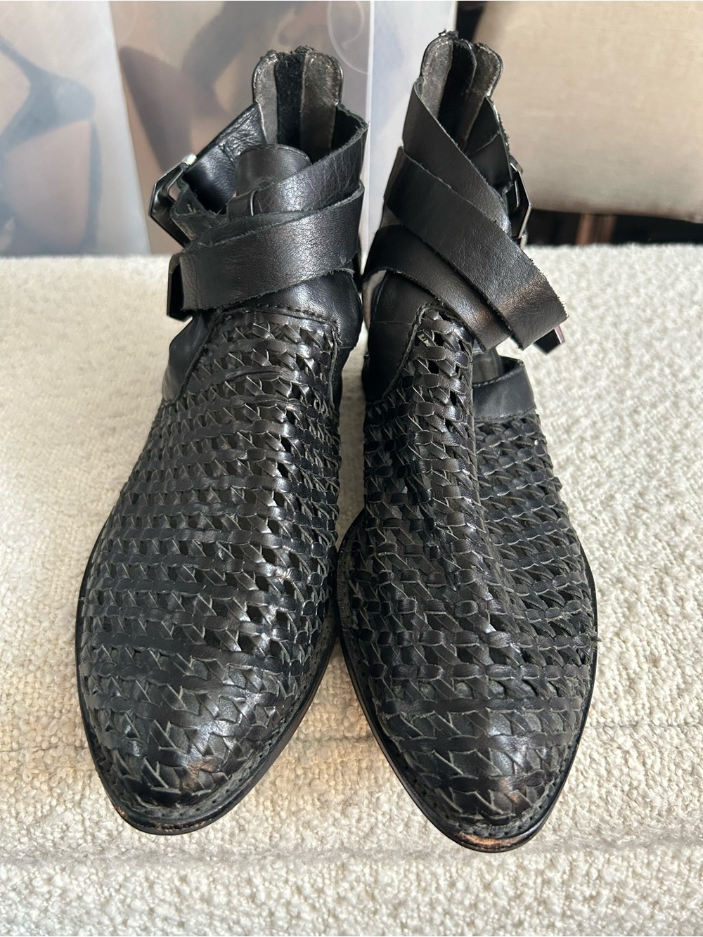 Women’s Black Woven Leather Ankle Boots